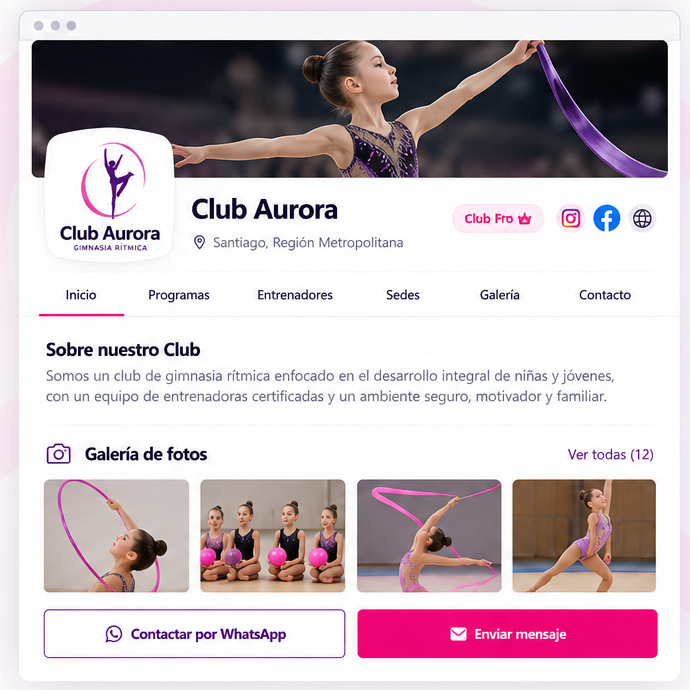Vista de ejemplo de la página pública de un Club Pro