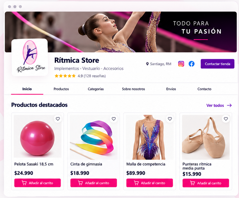 Mockup de una tienda de productos de gimnasia rítmica con logo, portada y catálogo